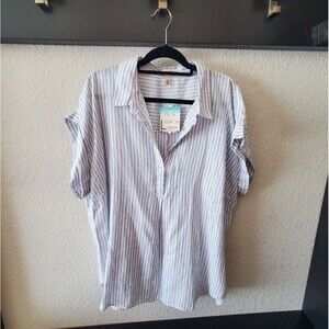 Per Se | Blue and White Striped Button Back Linen Blend Shirt | Size 2X | NWT